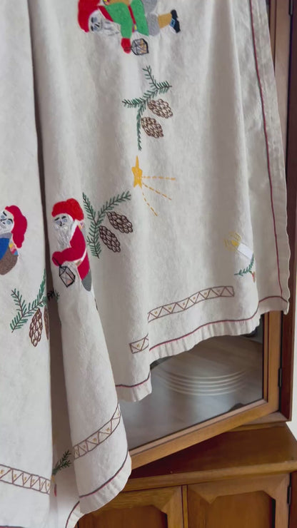 Old Hand Embroidered Folk Art Christmas Tablecloth
