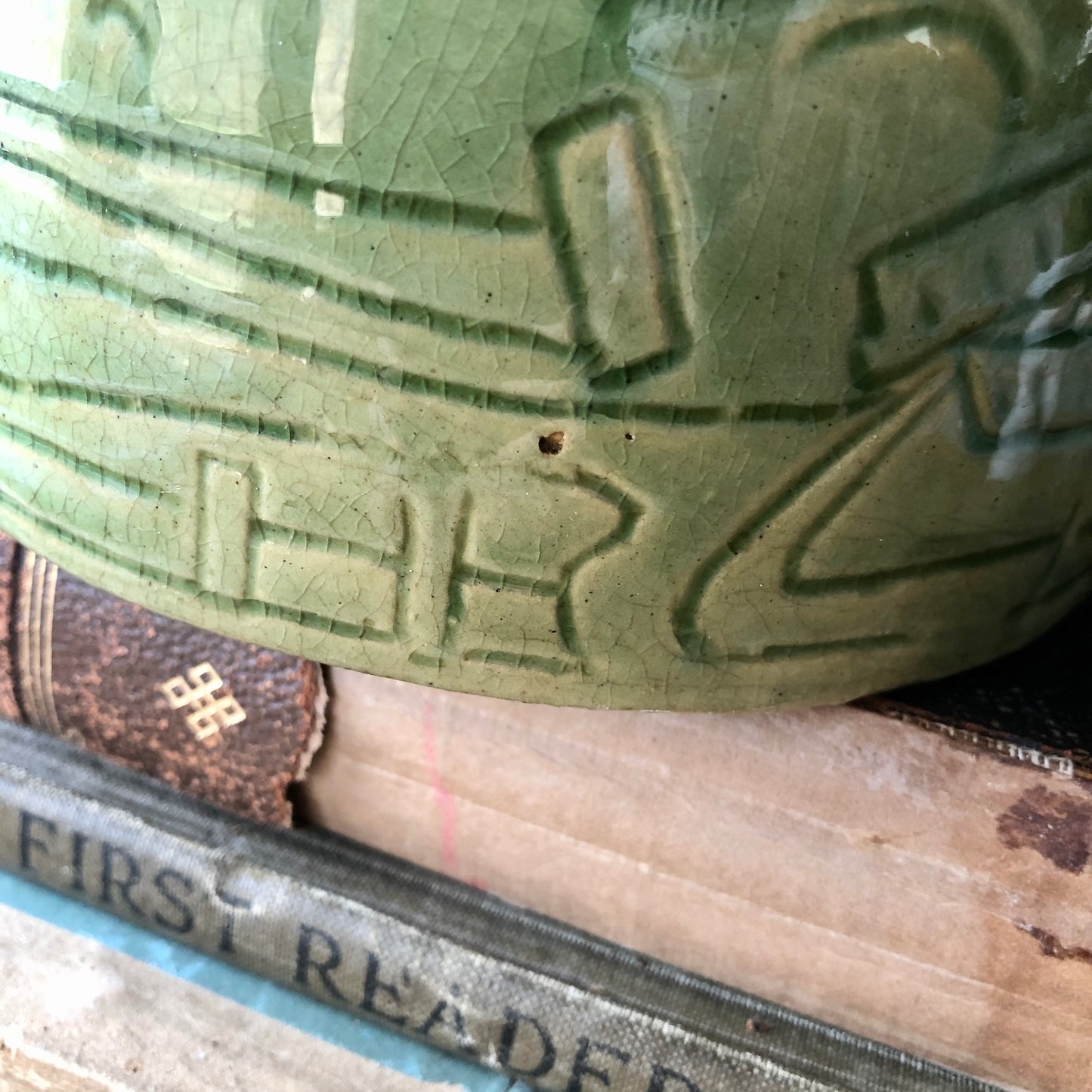 Green Yellow Ware Crock with Windmill Design (c.1930s)