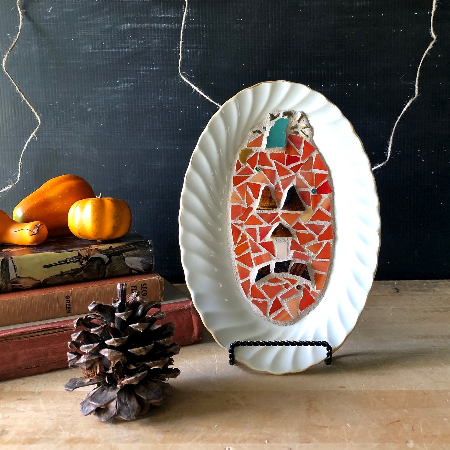 Upcycled Jack O Lantern Mosaic Dish