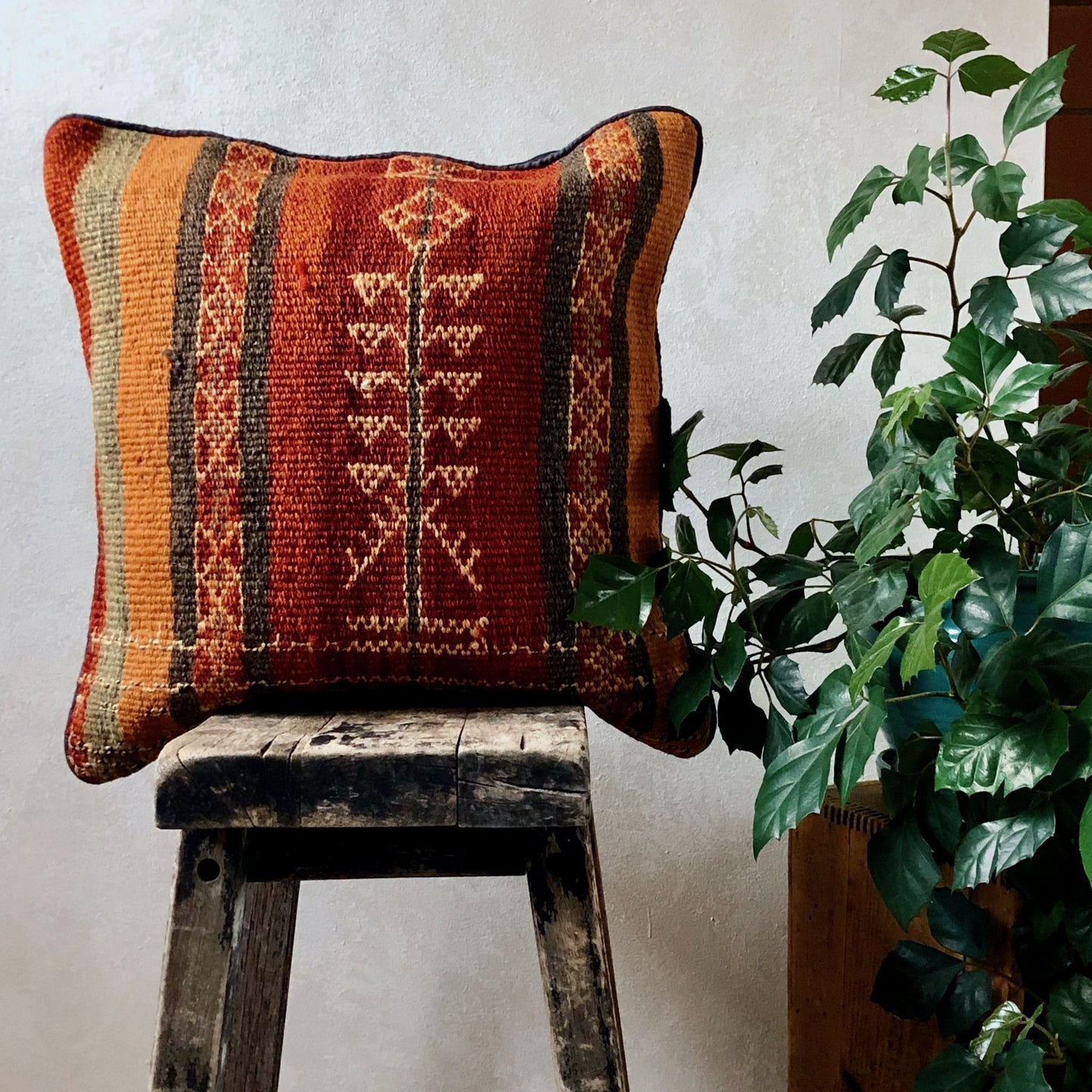 Modern Charcoal and Pumpkin Vintage Kilim Pillow Cover