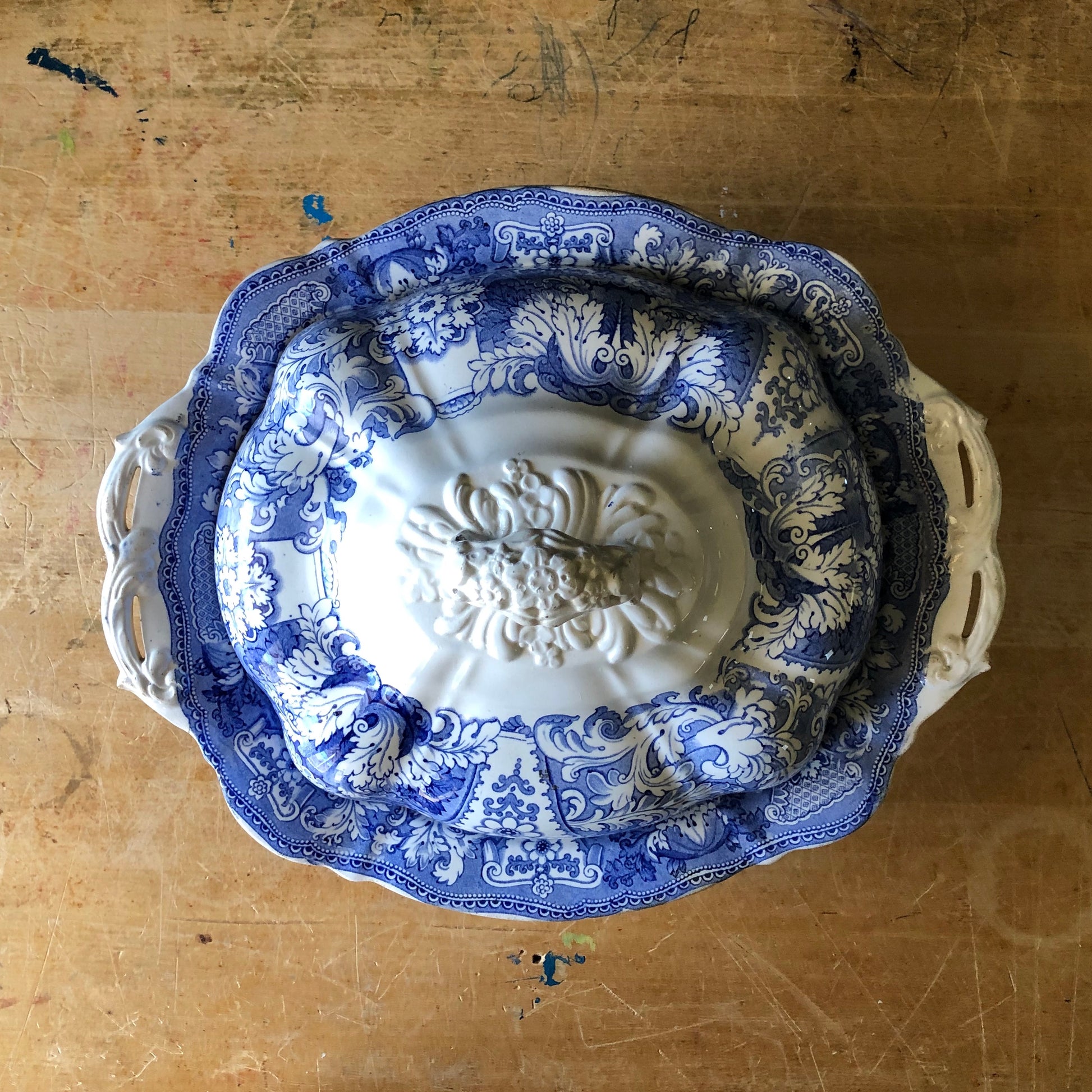Antique Blue Transferware Covered Serving Dish (1800s)