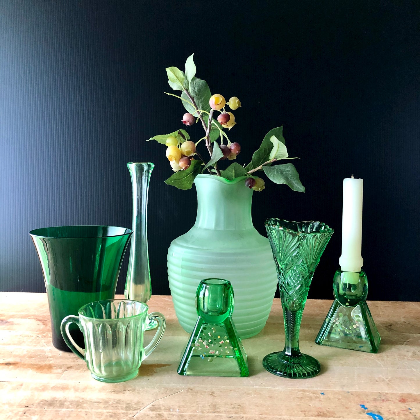 Green Depression Glass Collection with Uranium Glass (c.1930s)