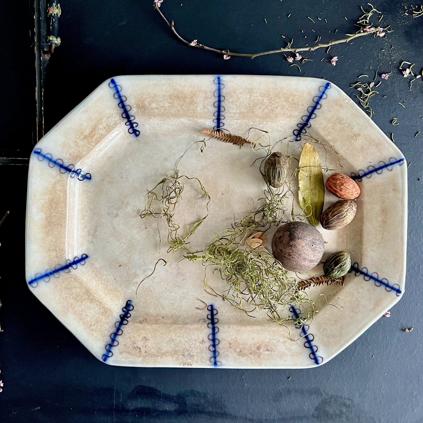 Antique Ironstone Platter with Flow Blue Brushstroke Pattern (c.1800s)