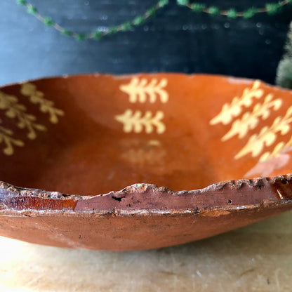 Antique Redware Loaf Dish with Yellow Slip Decoration (c.1800s)