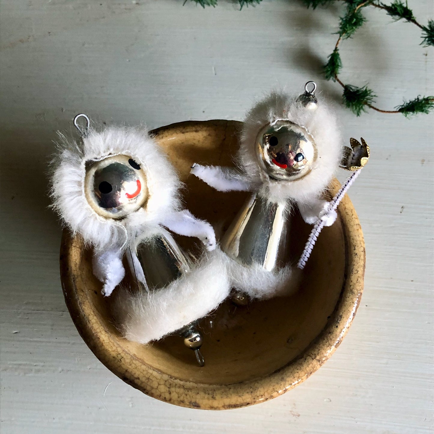 Vintage Pipe Cleaner Snow Baby Ornaments (c.1960s)