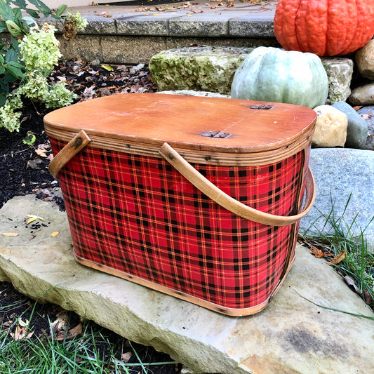 Mid Century Red Plaid Picnic Basket (c.1950s)