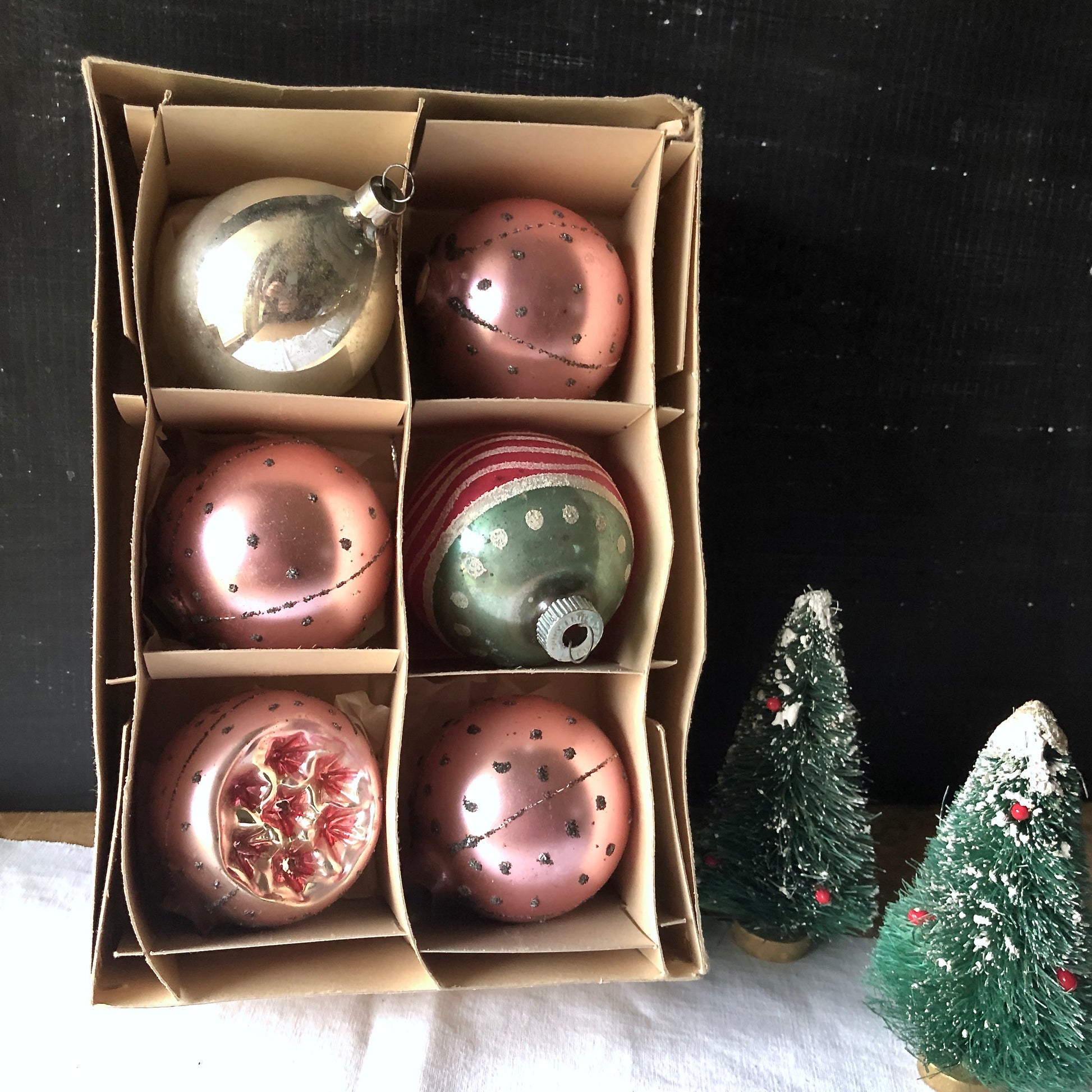 Vintage Pastel Pink Ornaments with Box (c.1950s)