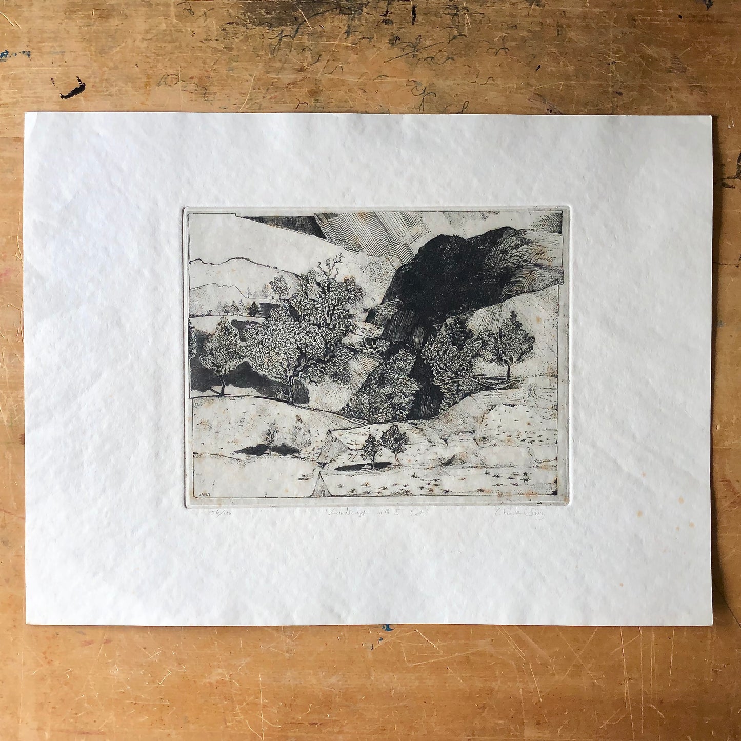 Vintage Art Etching 'Landscape with 5 Cats' by Claude Saucy (c.1900s)