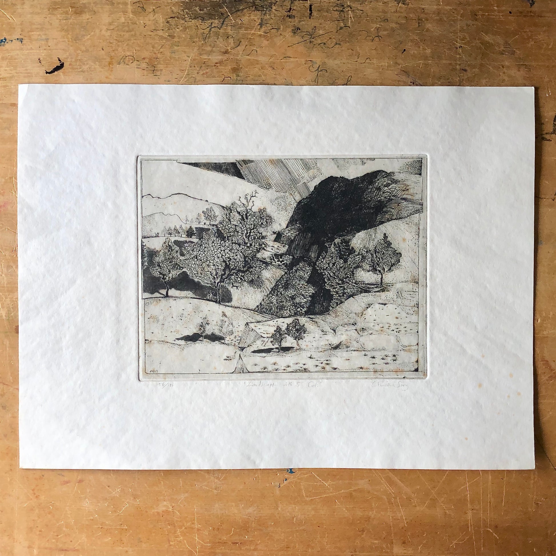 Vintage Art Etching 'Landscape with 5 Cats' by Claude Saucy (c.1900s)