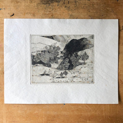 Vintage Art Etching 'Landscape with 5 Cats' by Claude Saucy (c.1900s)
