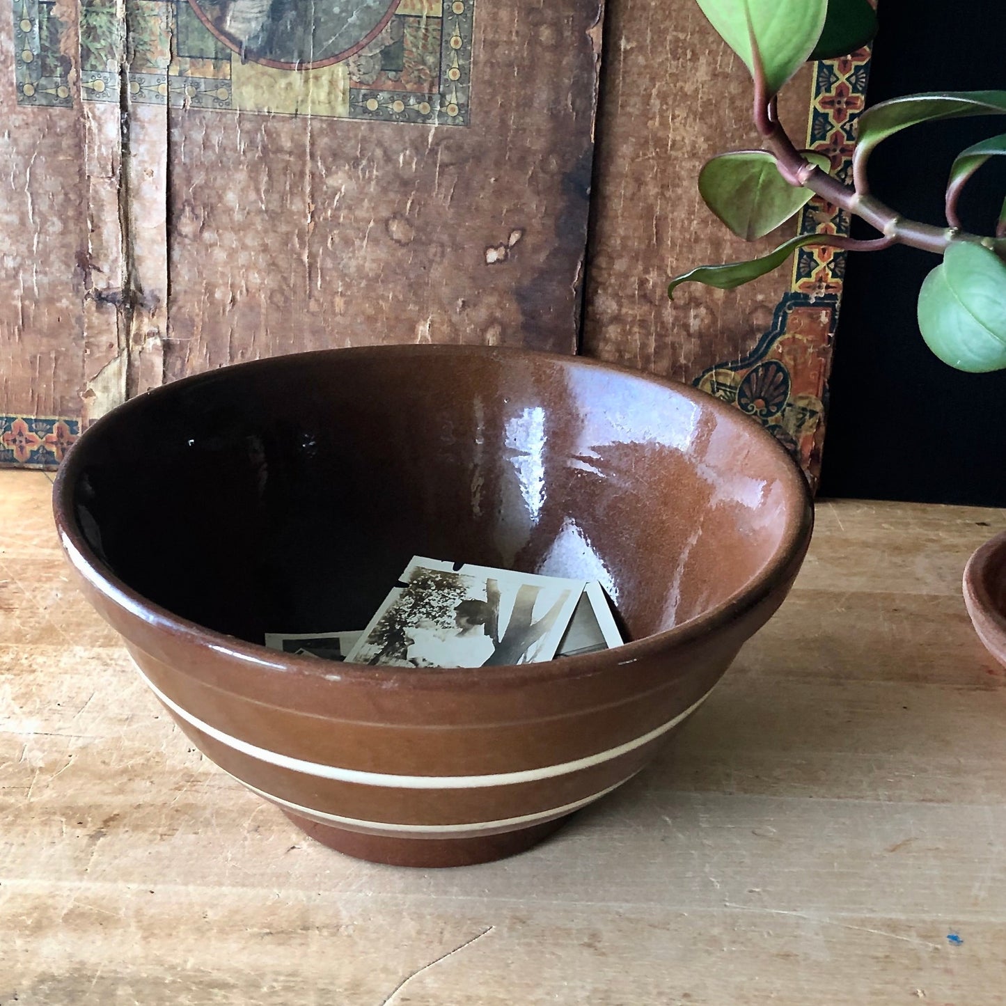 Striped Brown Farmhouse Pottery Bowl (c.1900s)