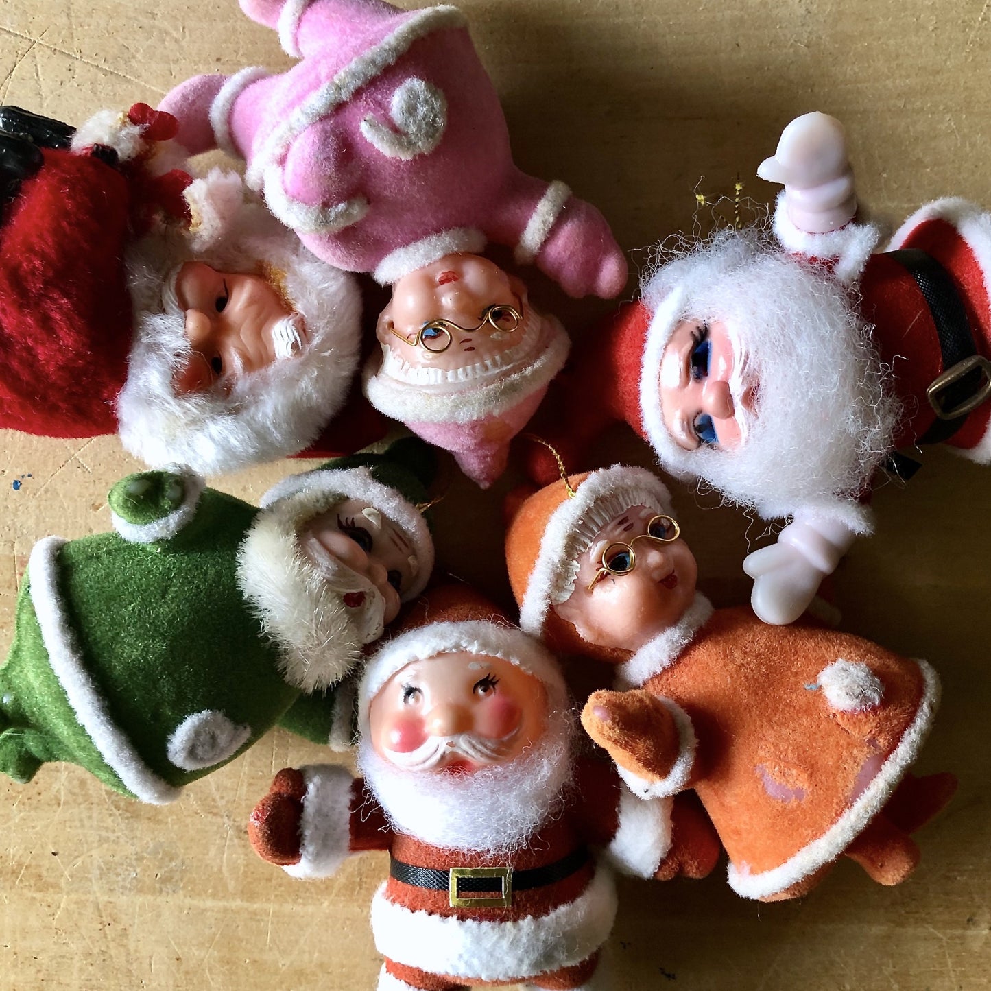 Vintage Santa and Mrs. Claus Flocked Christmas Ornaments (c.1960s)