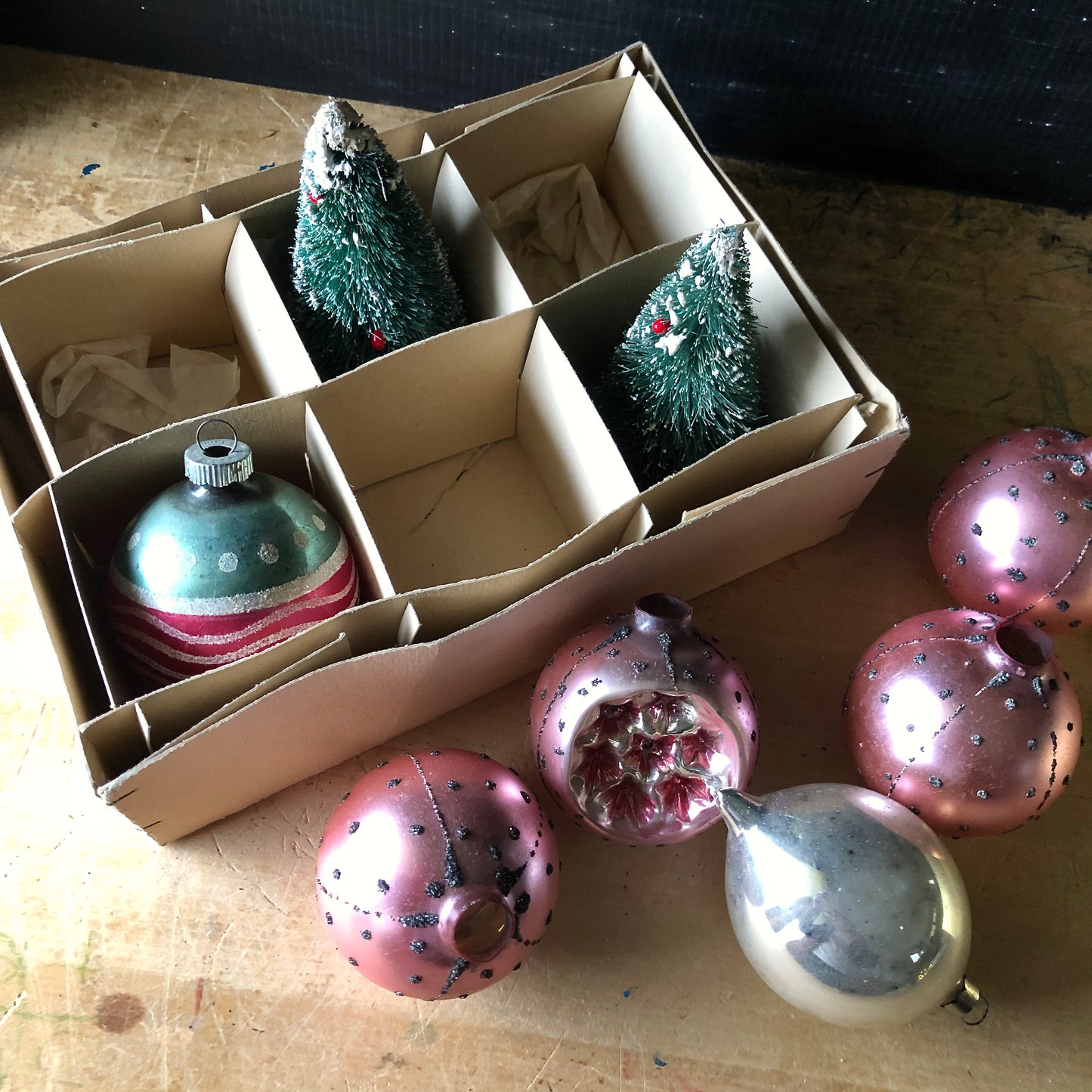 Vintage Pastel Pink Ornaments with Box (c.1950s)