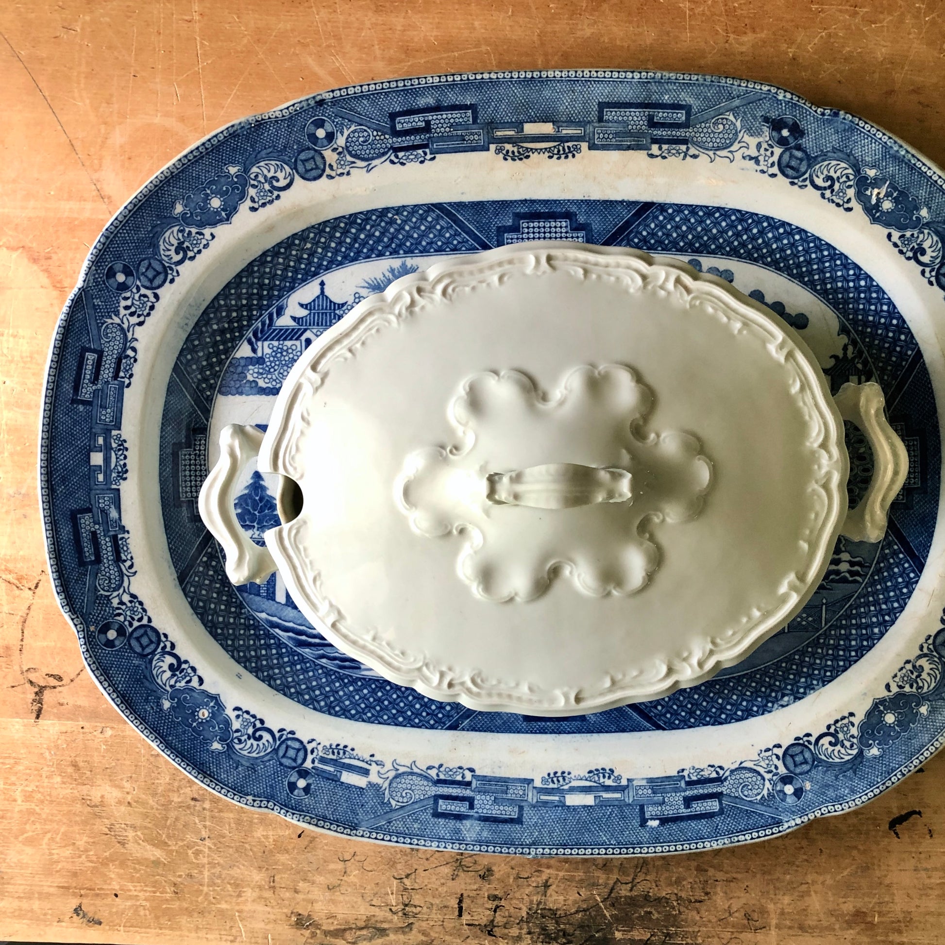 Extra Large Blue Willow Transferware Meat Platter (c.1800s)