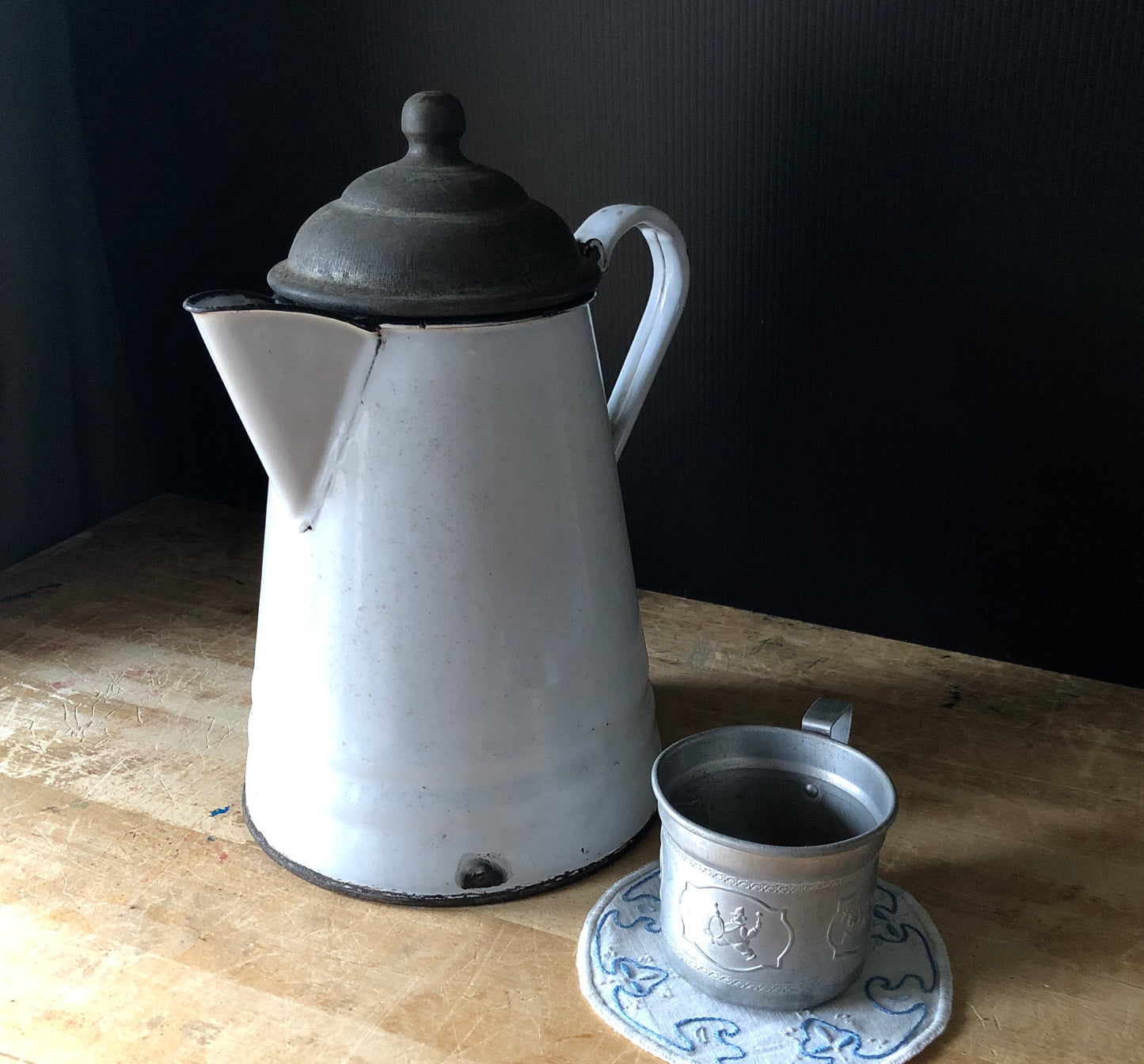 White Graniteware Coffee Pot