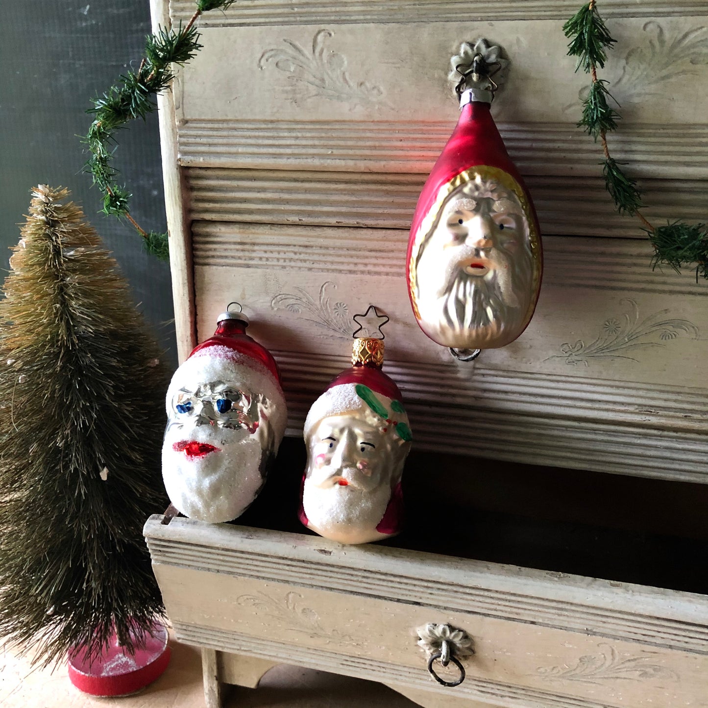 Vintage Santa Head Ornament Trio