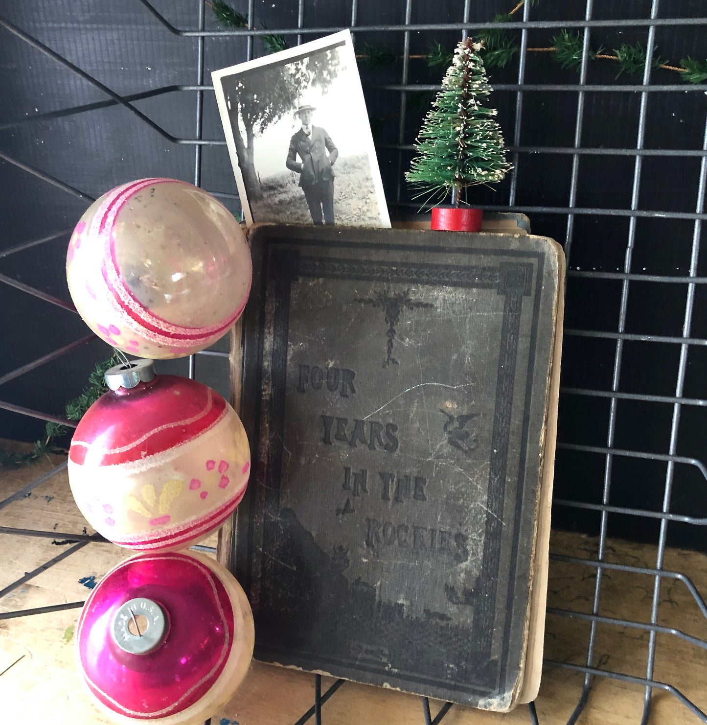 Vintage Pink Stenciled Christmas Ornament Trio (c.1950s)