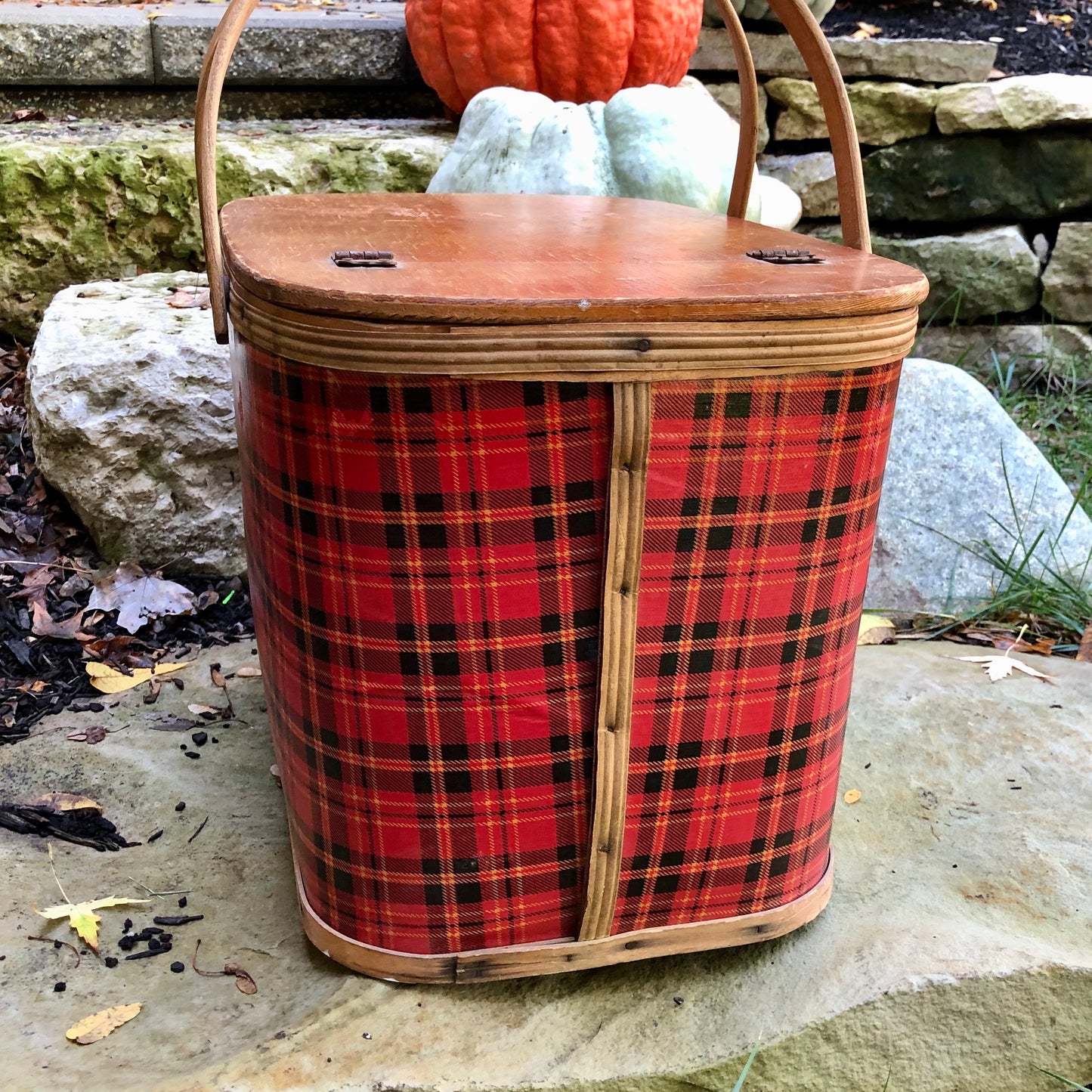 Mid Century Red Plaid Picnic Basket (c.1950s)