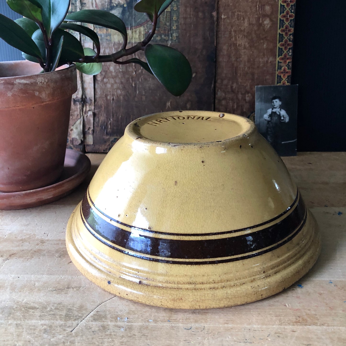 Farmhouse Pottery Striped Yellow Ware Bowl (c.1900s)