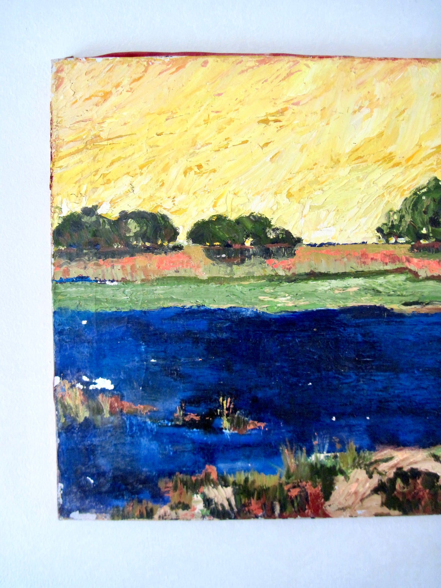 Vintage Oil Painting of Lake Scene on Canvas