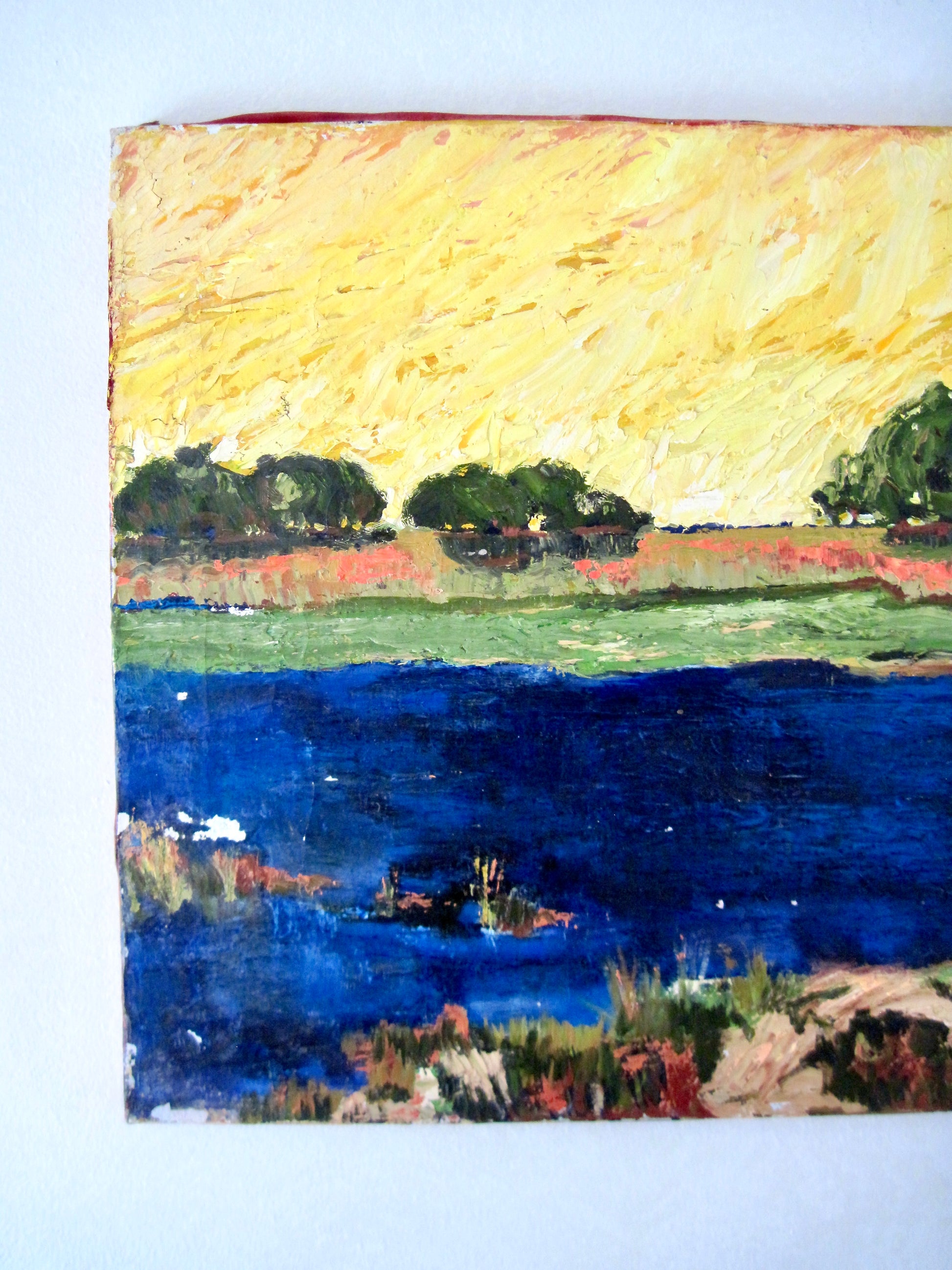 Vintage Oil Painting of Lake Scene on Canvas