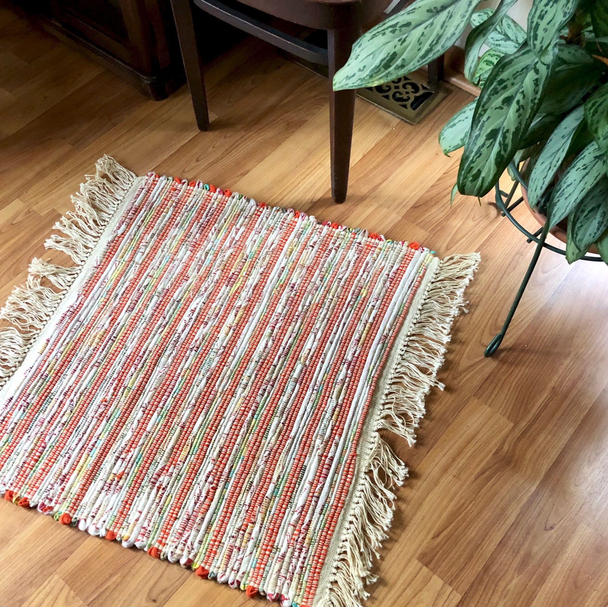 Small Vintage Orange Striped Rag Rug