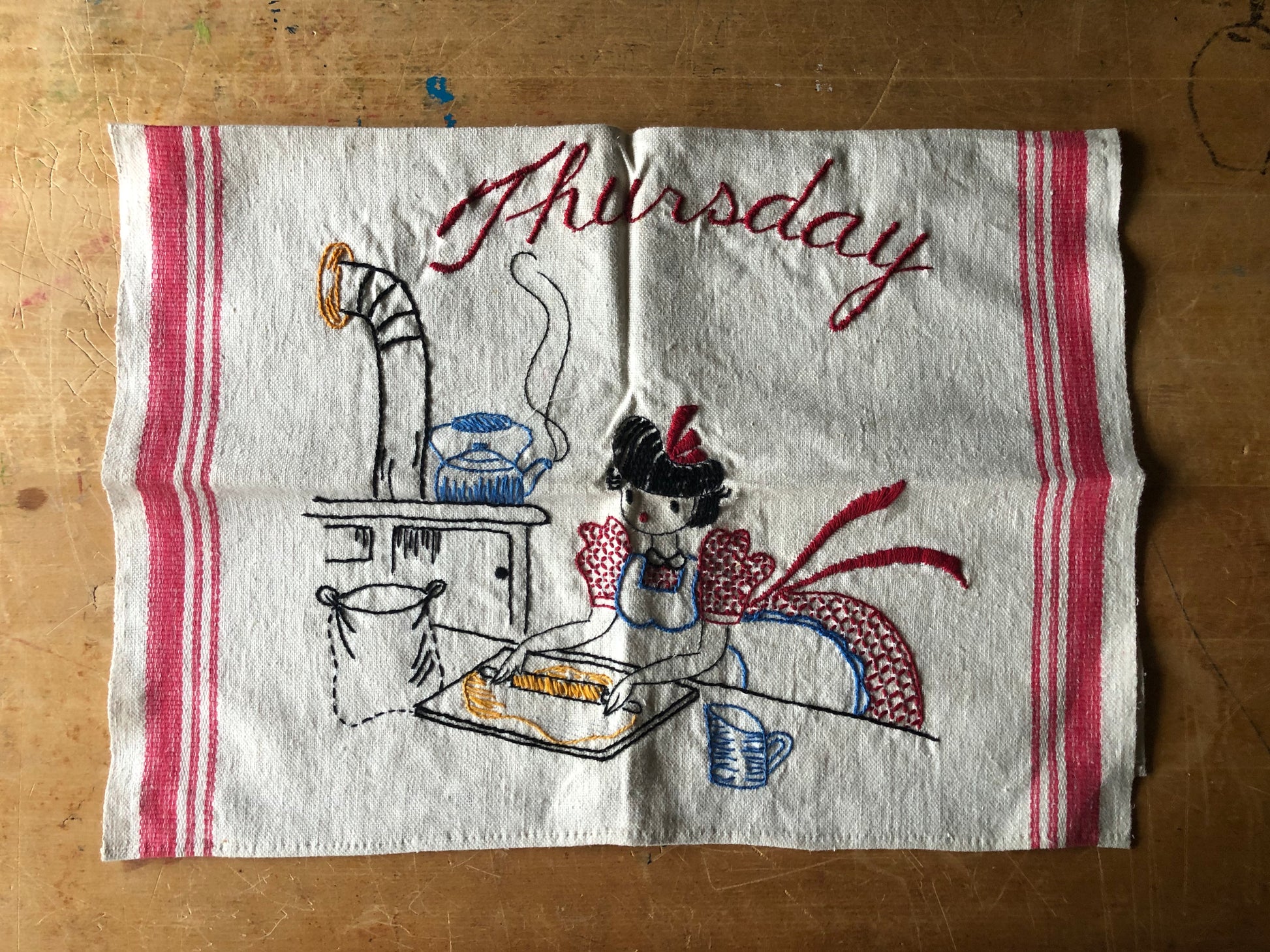 Embroidered Day of the Week Chores Kitchen Towels, (c.1960s)