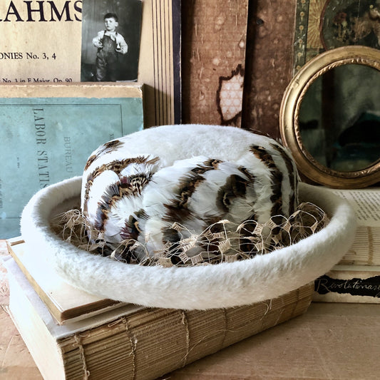 Ivory Wool and Feather Fedora Women's Hat (c.1950s)