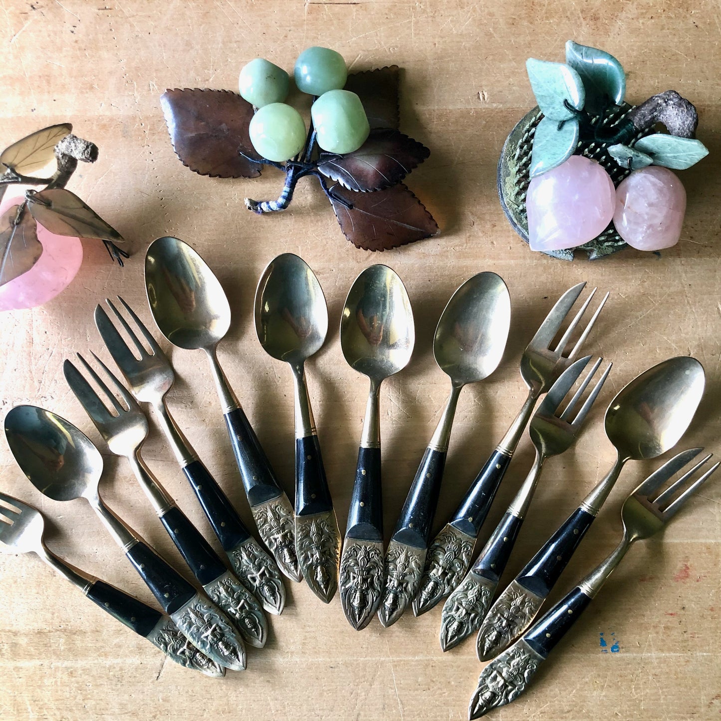 Vintage Bronze and Rosewood Siam Buddha Flatware (c.1960s)