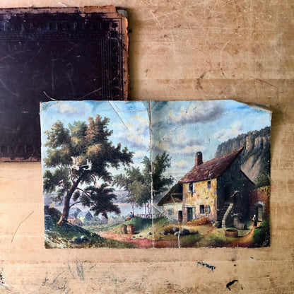 Antique Oil Painting of Rural Cottage Scene (c.1800s)