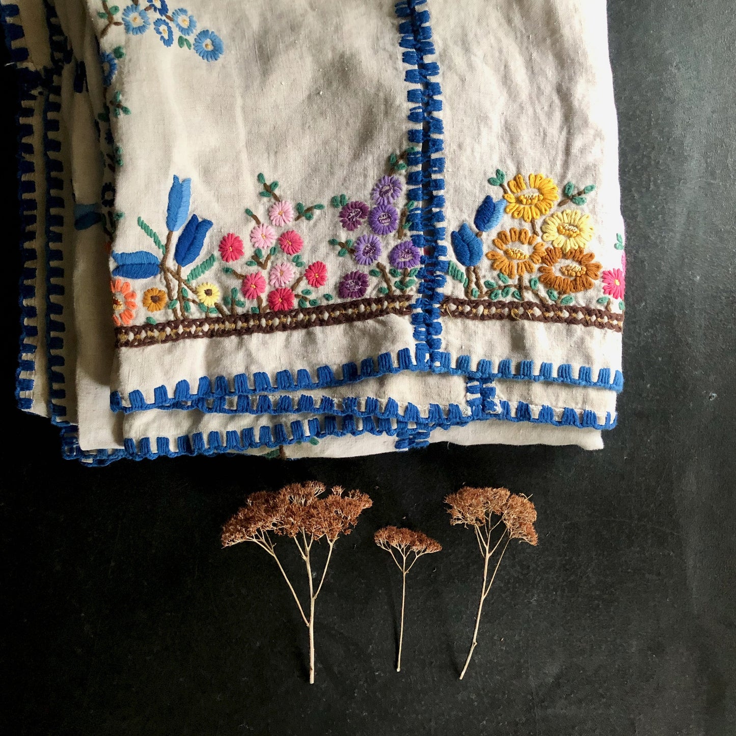 Vintage Bohemian Embroidered Linen Tablecloth (c.1970s)