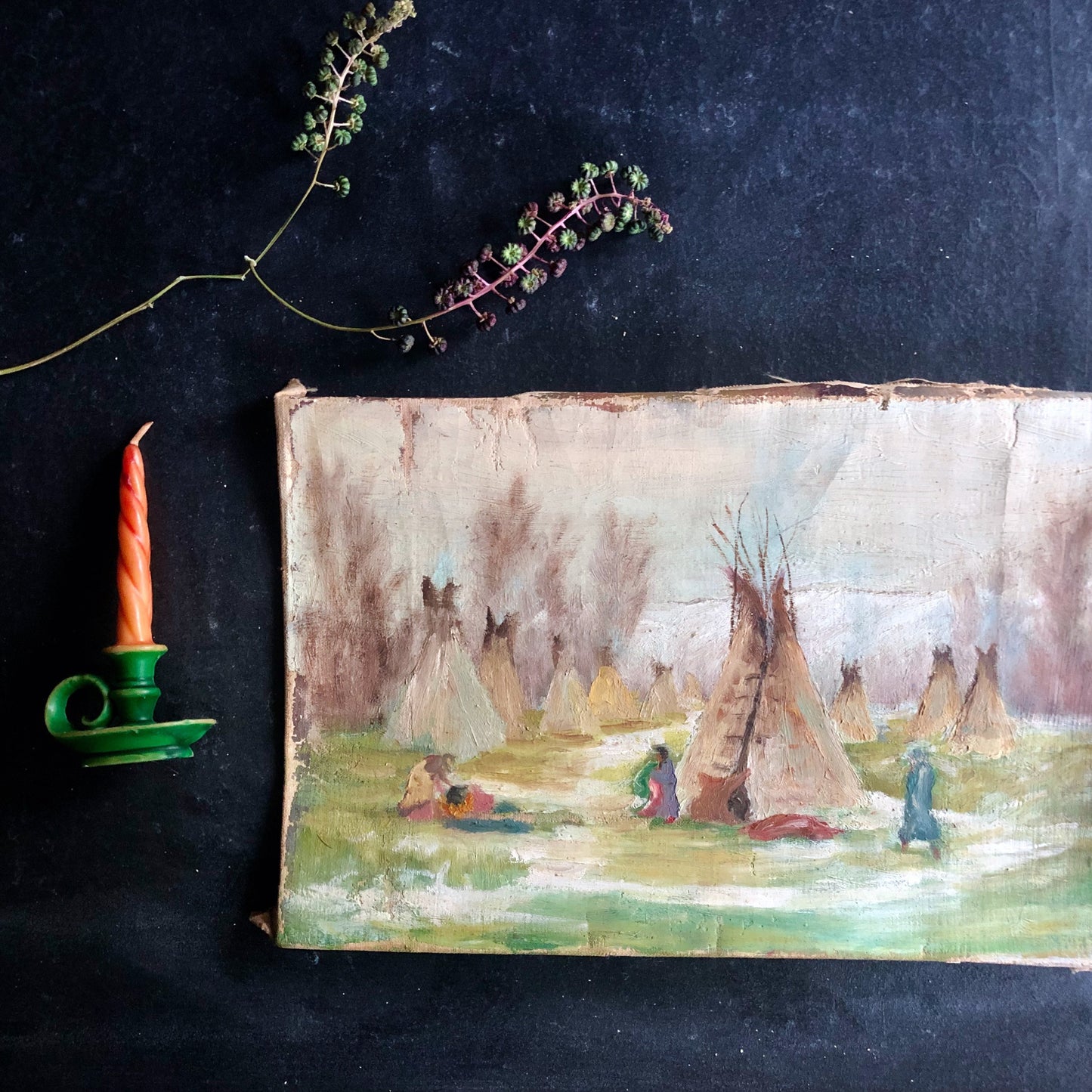 Vintage Native American Village Oil Painting on Canvas
