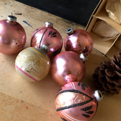 Pale Pink Shiny Brite Glitter Ornaments (c.1950s)
