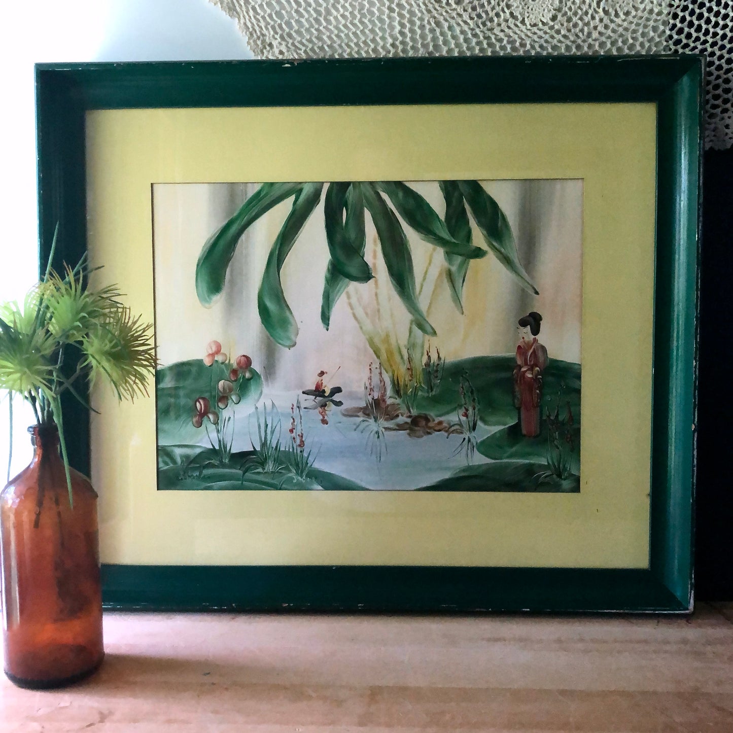 Mid Century Finger Painted Japanese Pond Scene by Gen Matucha