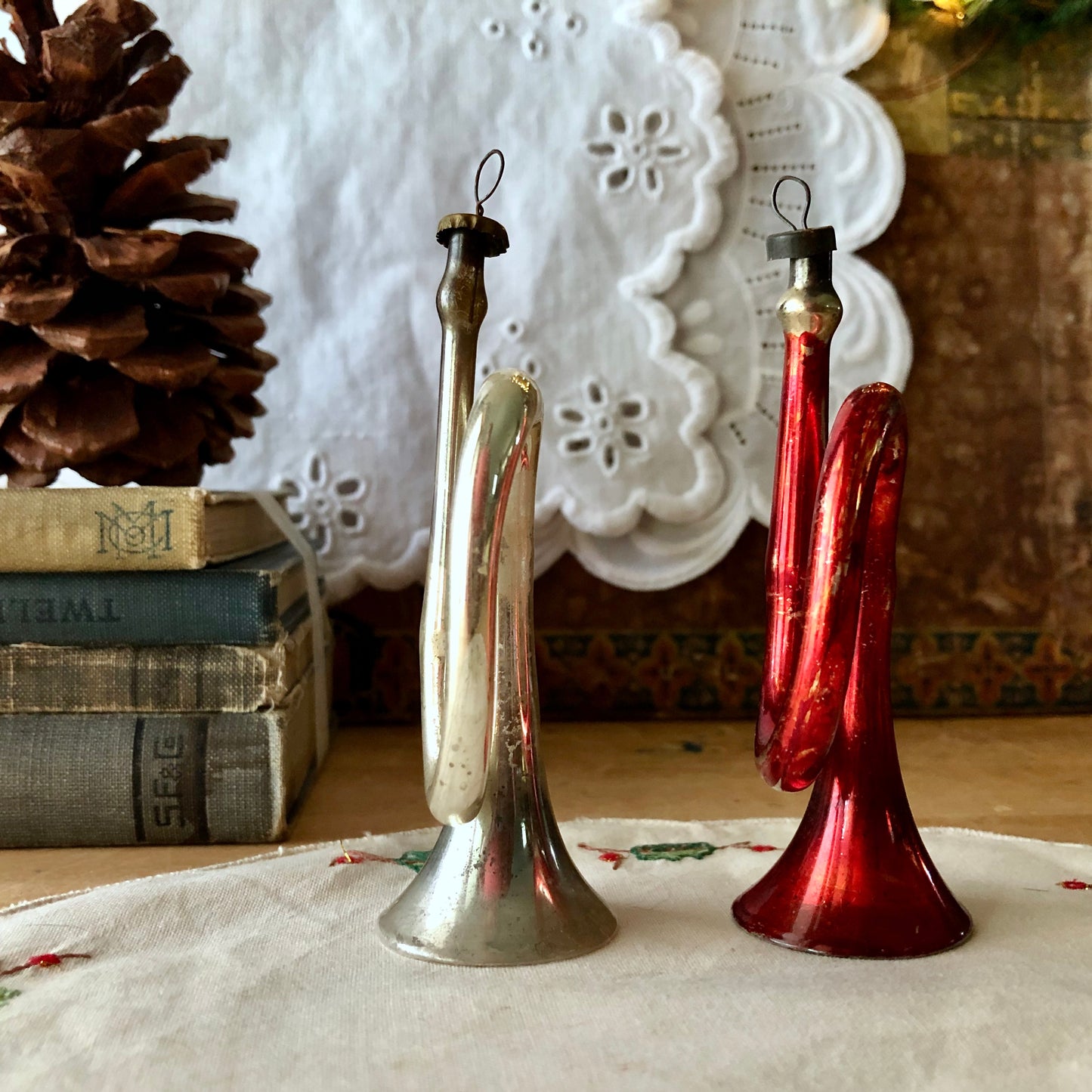 Antique Mercury Glass Horn Ornaments (c.1930s)