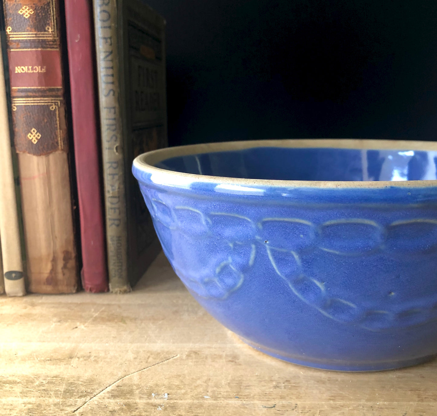 Vintage Farmhouse Blue Pottery Mixing Bowl