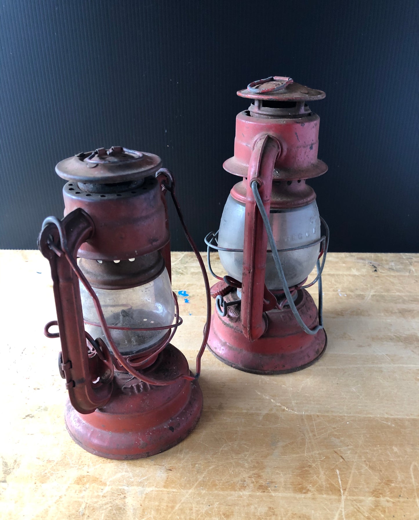 Set of Two Vintage Red Railroad Lanterns Deitz Comet and Sun (c.1940s)