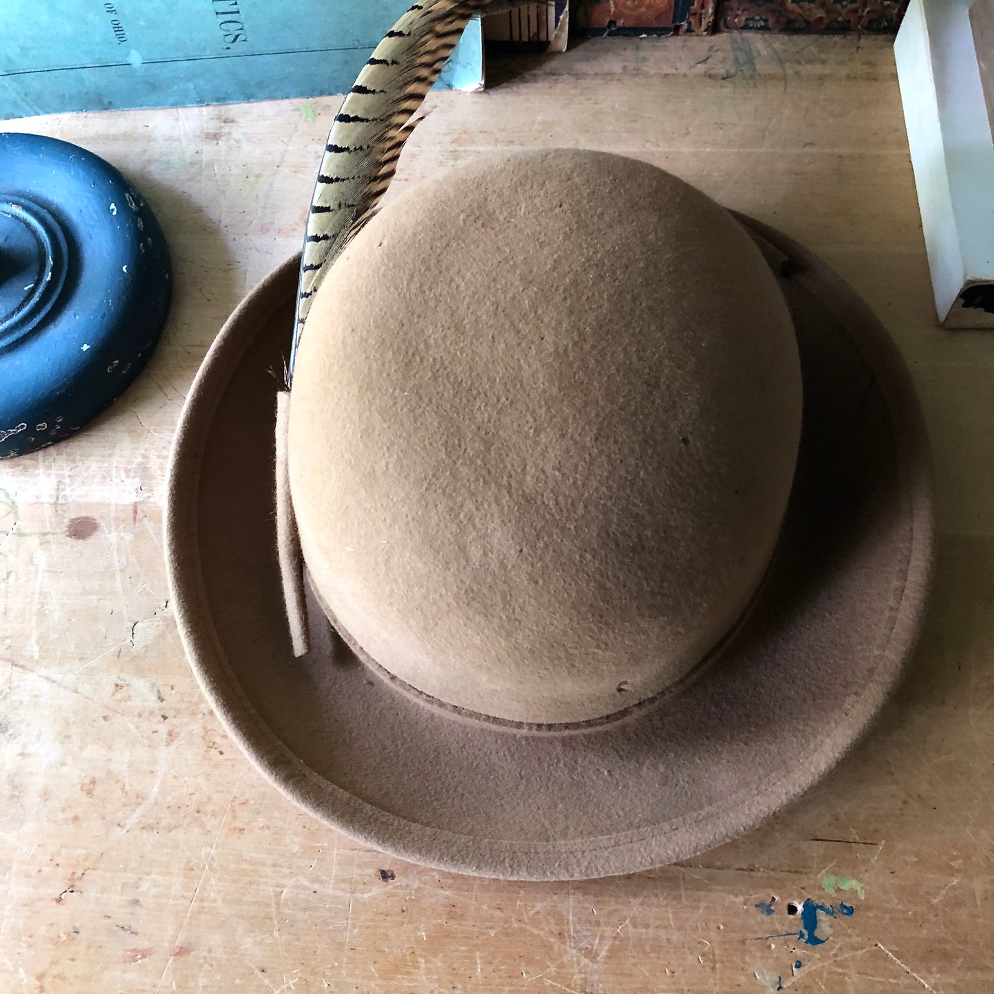 Tan Wool Bowler Hat with Feathers (c.1960s)