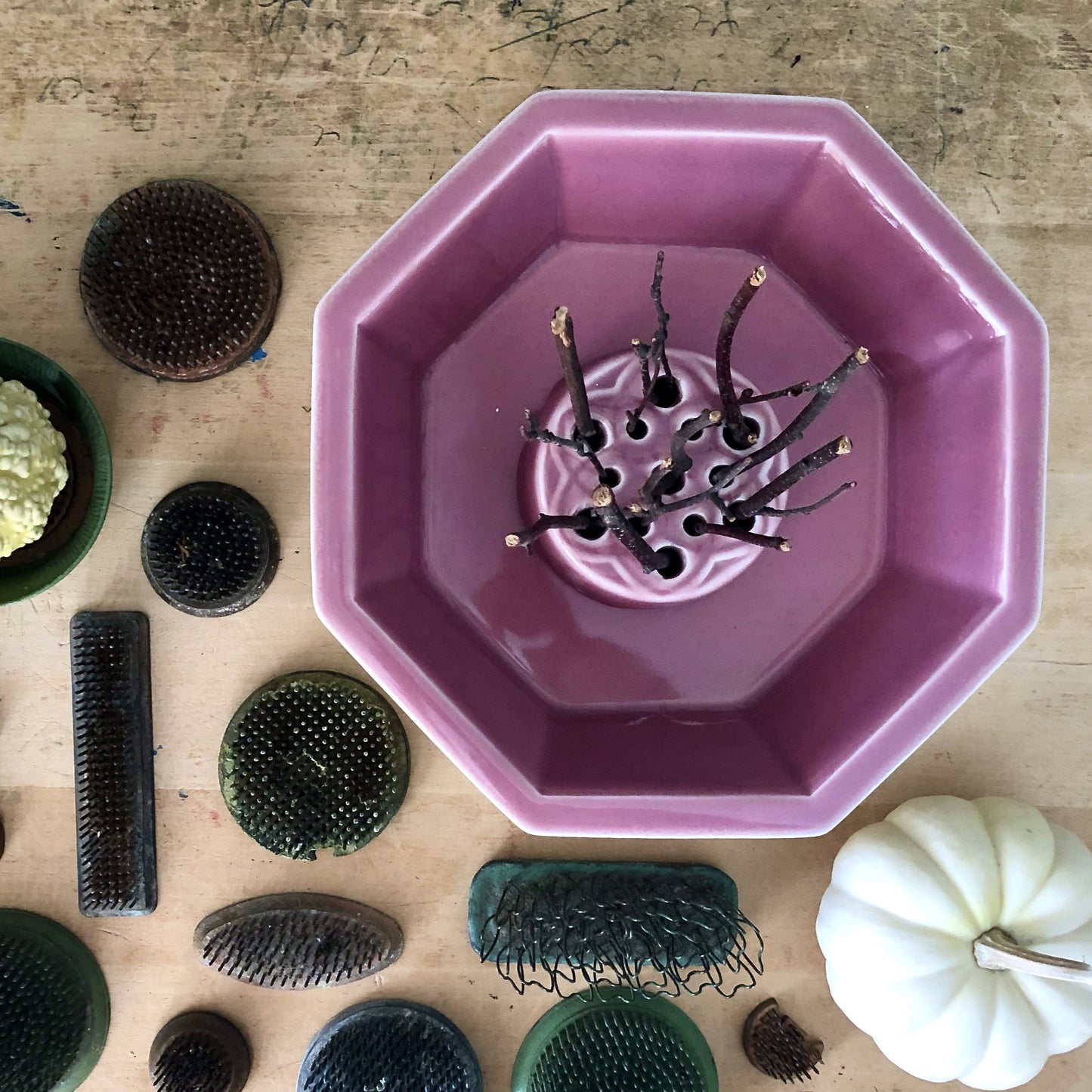 Pink Rookwood Pottery Low Bowl with Flower Frog (c.1921)