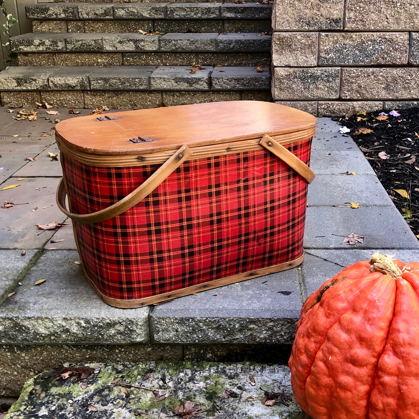 Mid Century Red Plaid Picnic Basket (c.1950s)