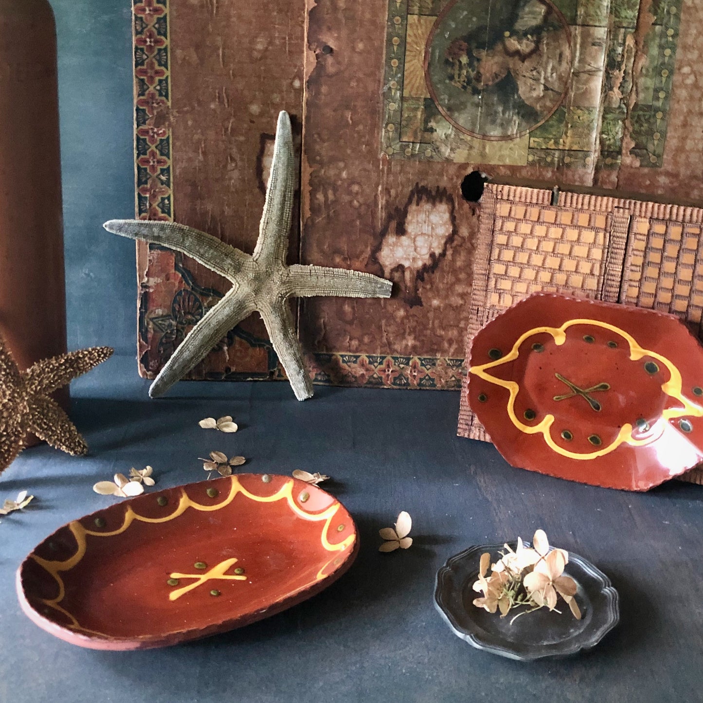 Vintage Breininger Miniature Redware Dishes and Pewter Plate (c.1980s)