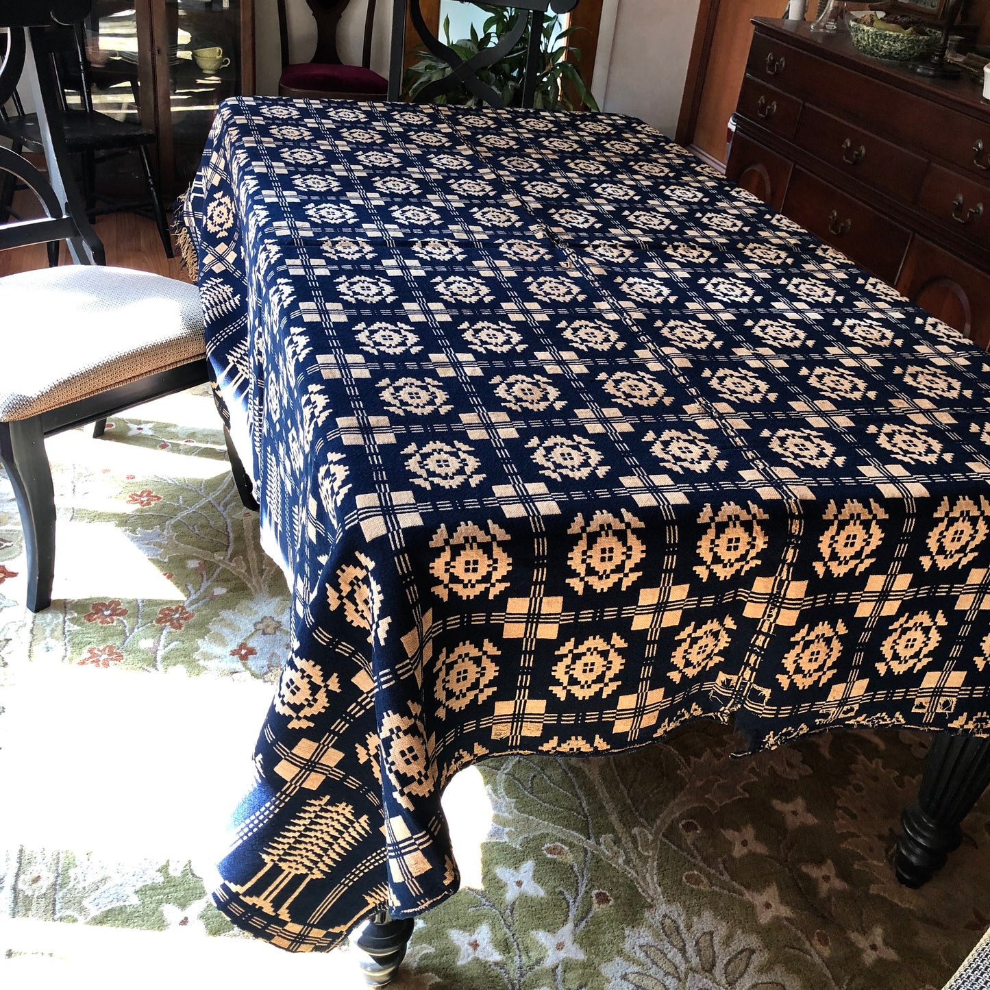 Mountaineer Indigo and Cream Double Weave Americana Coverlet (c.1800s)