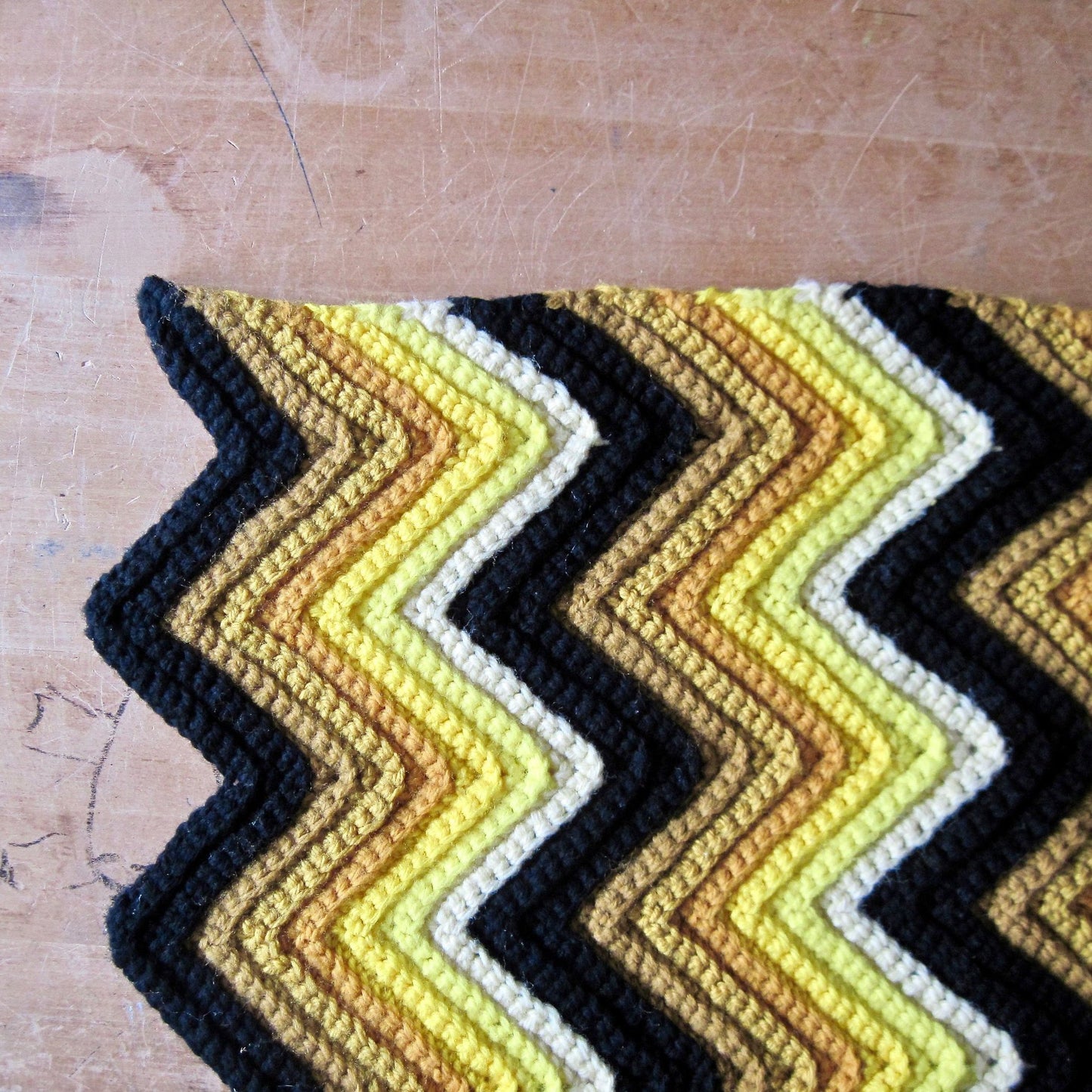 Vintage Crochet Yellow Chevron Afghan Throw, Zig Zag Blanket (c.1960s)