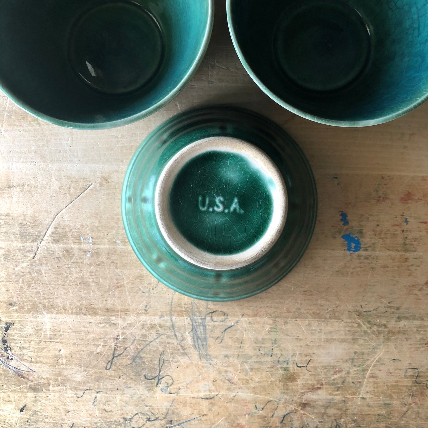 Green Vintage USA Pottery Bowls (c.1940s)