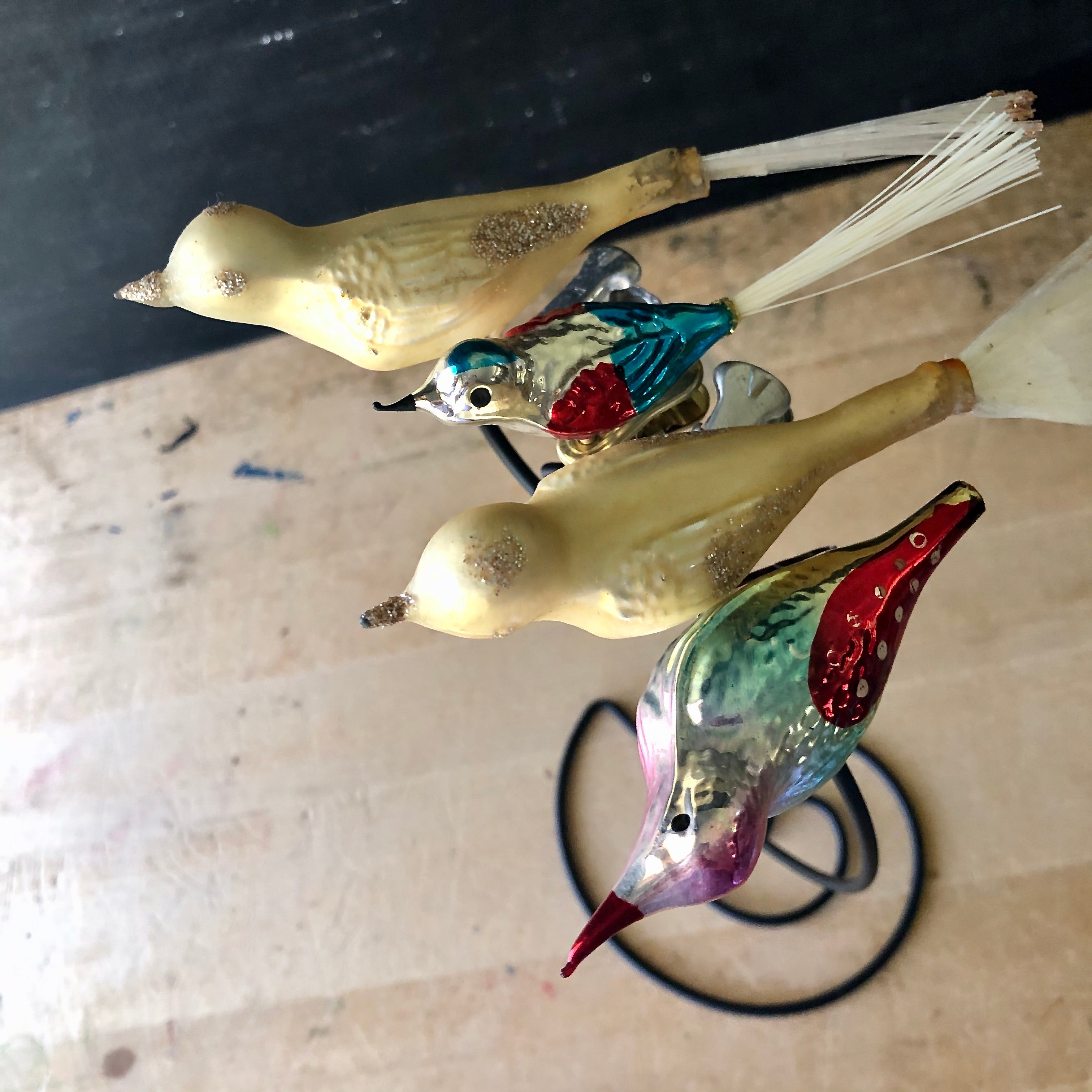 Three hot vintage mercury glass clip on hand painted bird ornaments, 40’s-50’s bristle tail bird Christmas clip-on ornaments