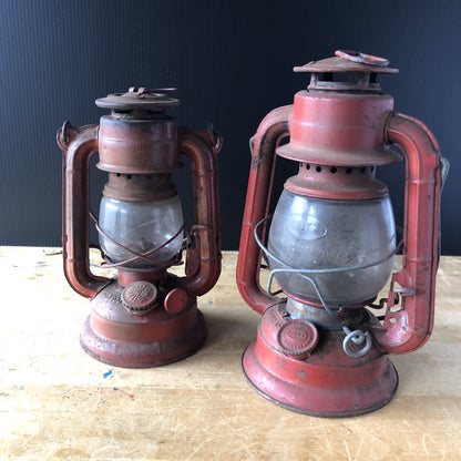 Set of Two Vintage Red Railroad Lanterns Deitz Comet and Sun (c.1940s)