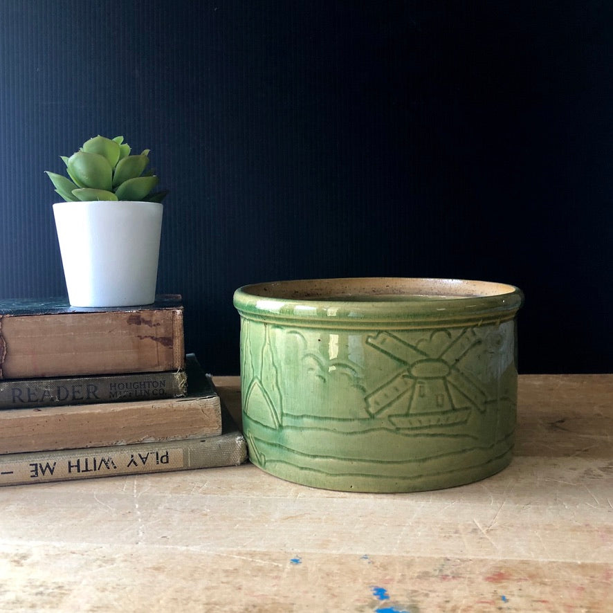 Green Yellow Ware Crock with Windmill Design (c.1930s)