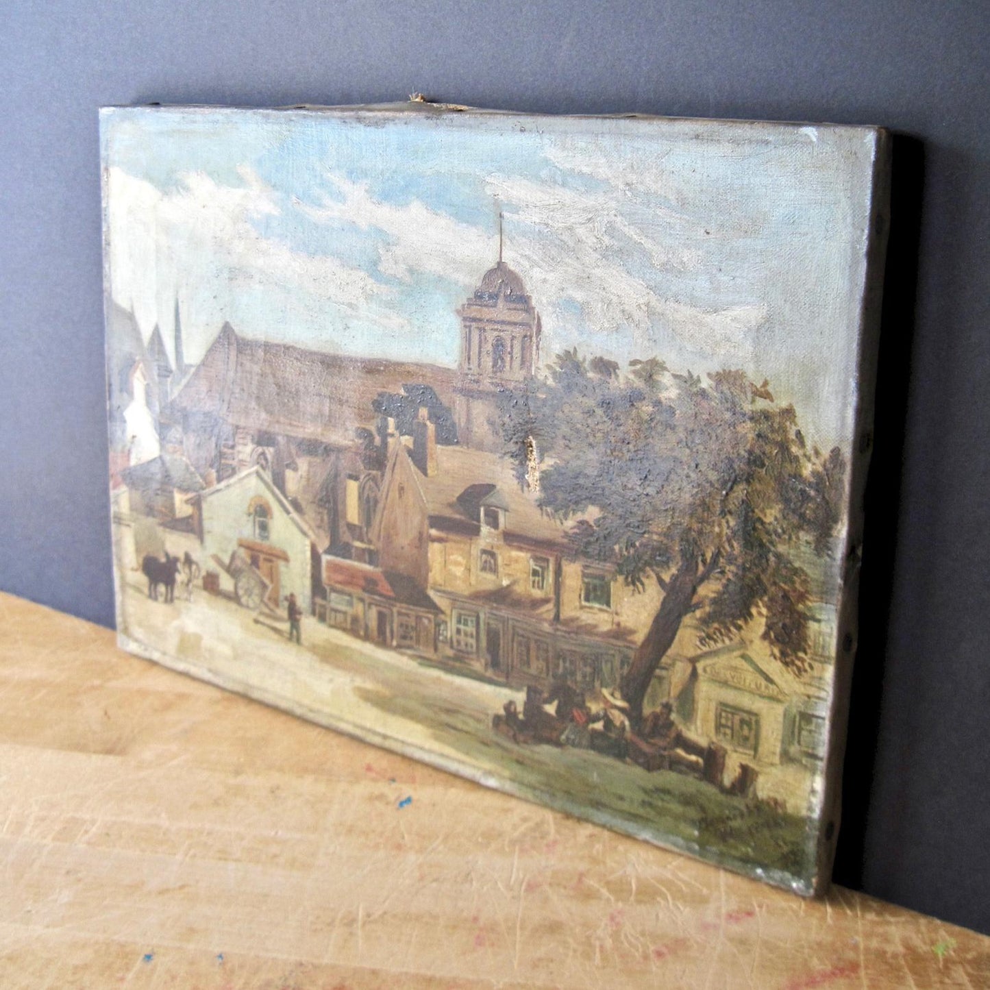 Antique Oil Painting of Village Scene by Florence McCoy (c.1800s)