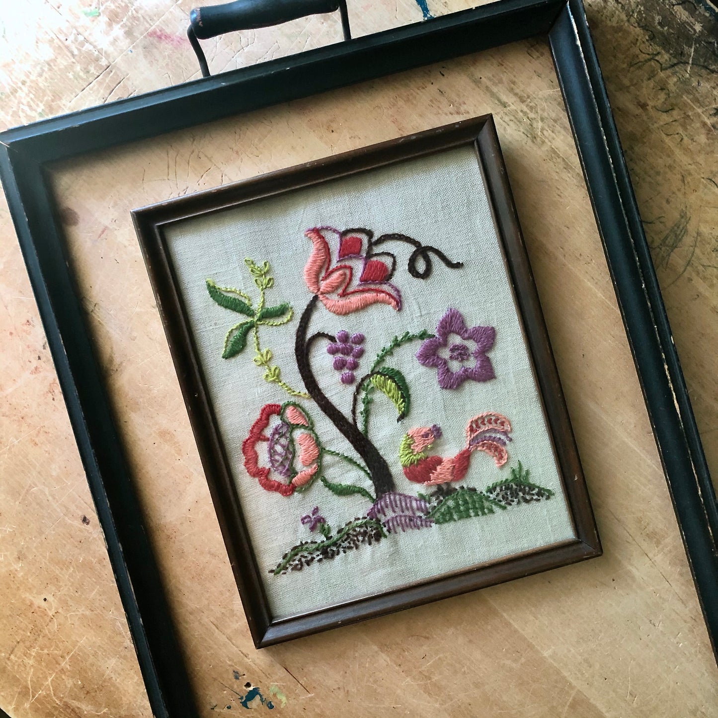 Framed Floral Crewel Embroidery (c.1970s)