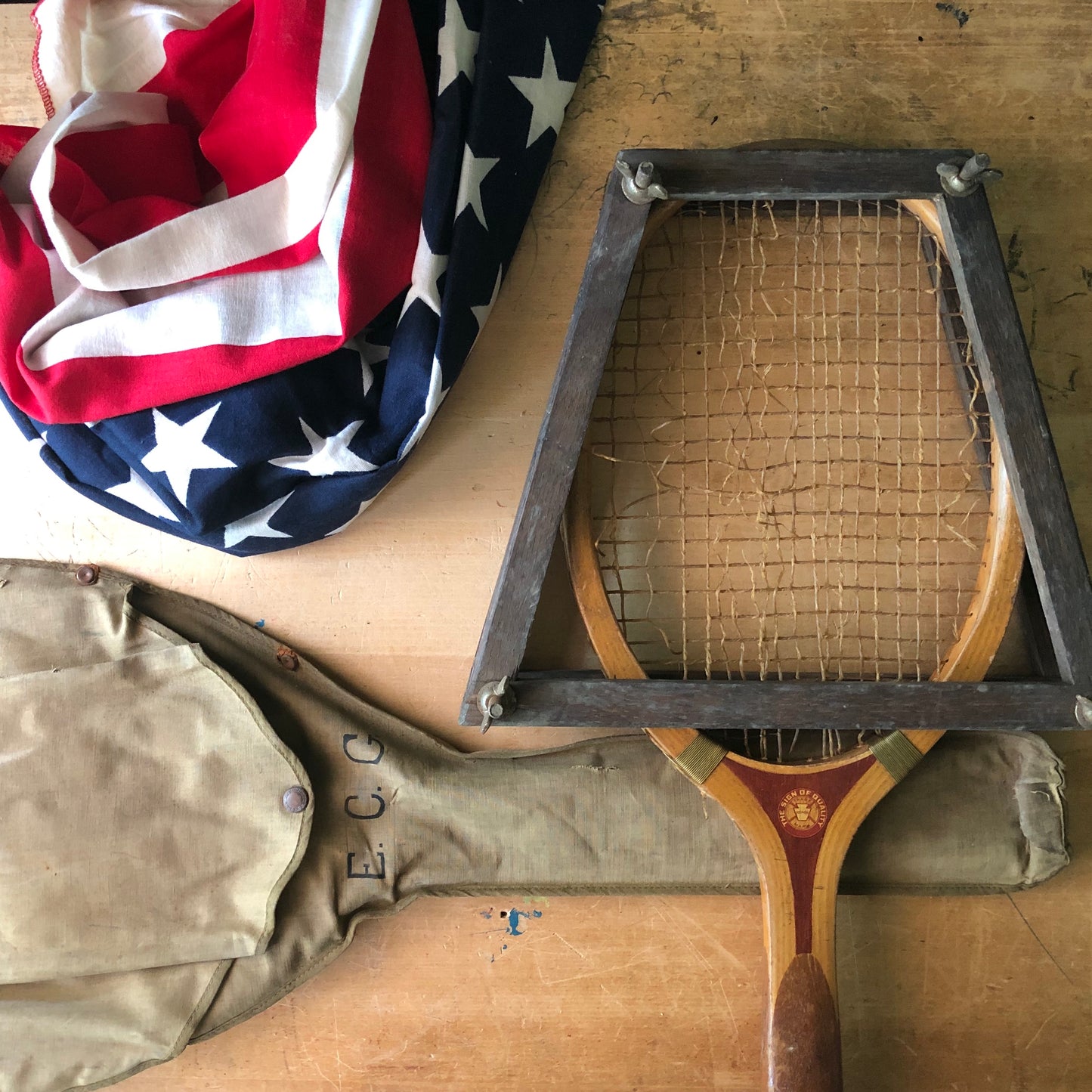 Antique Reach Co. University Tennis Racquet with Press and Bag (c.1920s)